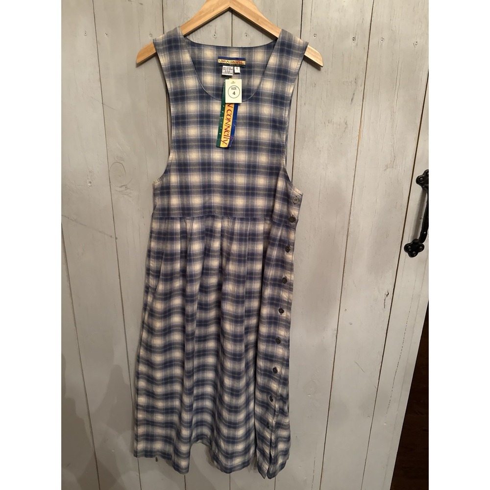 Bryn Connelly 80's NWT Sz 4P Blue Plaid Romper Midi Dress Prairie Cottagecore